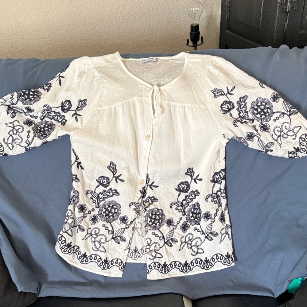 White Embroidered Peasant Blouse with Navy Floral Detail